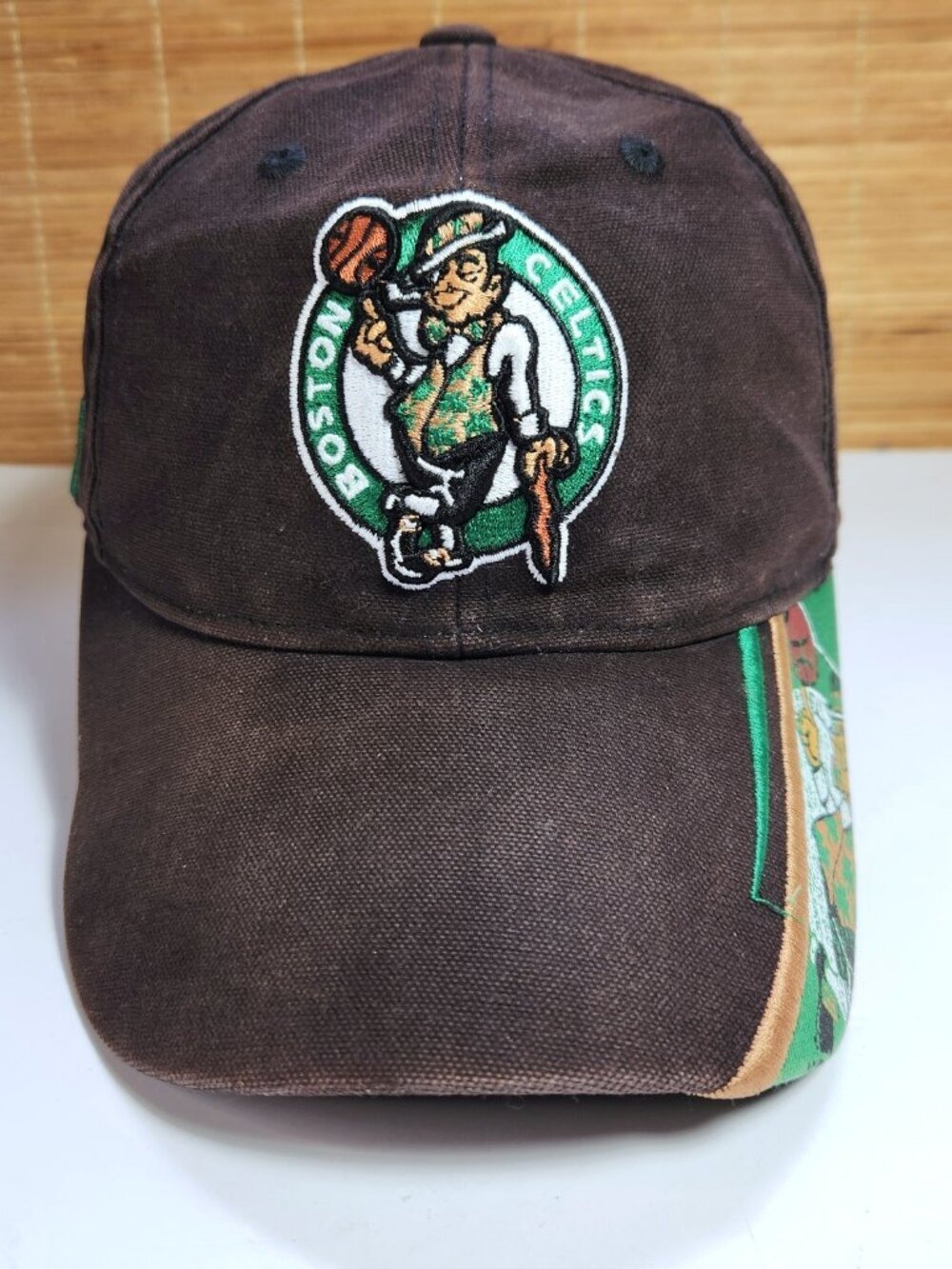 Vintage Boston Celtics Strapback Hat NBA Cap Graphic Printed Brim